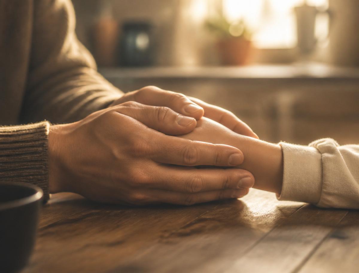 A parent's hand holding a child's hand across a kitchen table